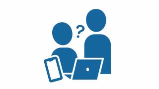 Digiopastuksen virallinen logo. Kaksi sinistä ihmishahmoa. Toinen hahmoista istuu kannettavan tietokoneen ja tabletin ääressä kysymysmerkki pään päällä, toinen seisoo vieressä.