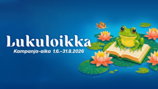 Piirretty sammakko kirjan ja lumpeenkukan päällä istumassa. Vieressä teksti Lukuloikka, kampanja-aika 1.6.-31.8.2026.
